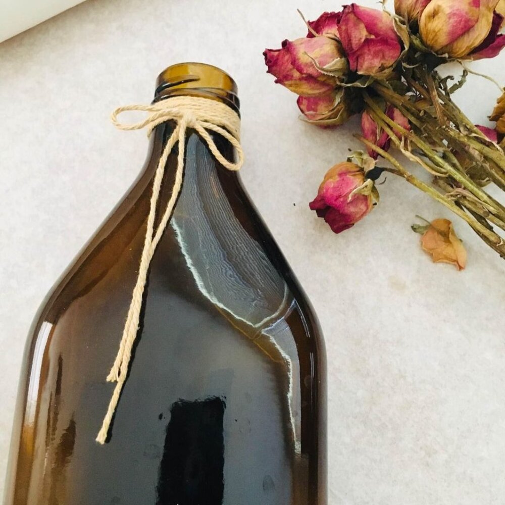 LP Large Amber Glass Stem Bottle Decor 10"H | Hemp Cord Detail